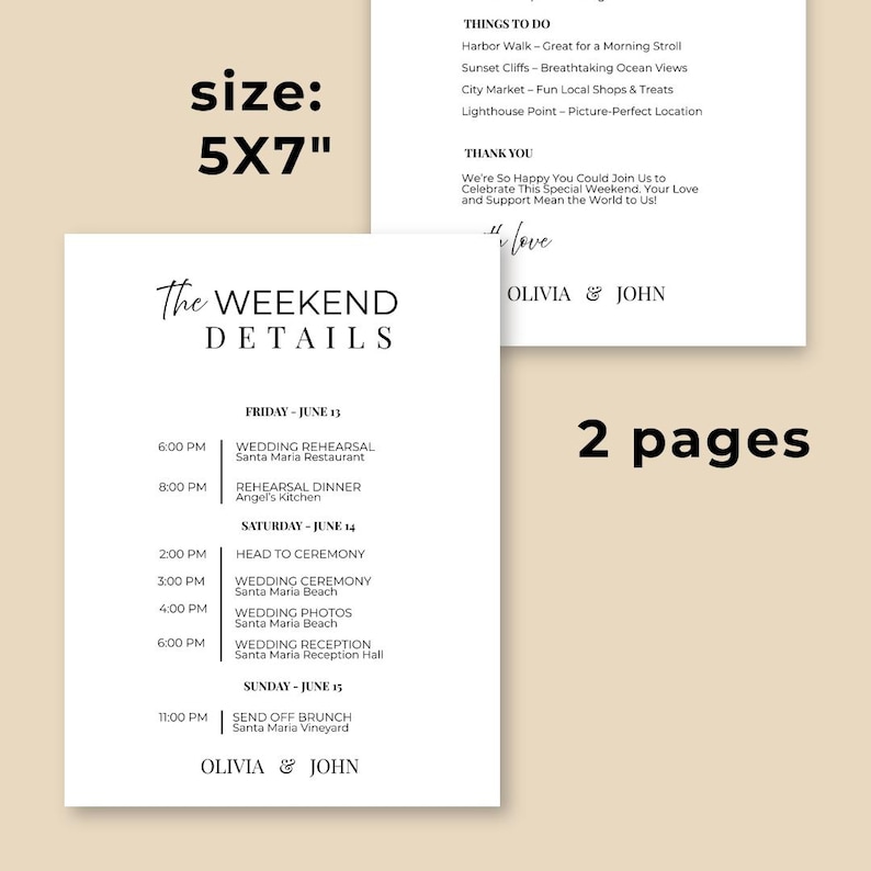 K&ouml;nnte beinhalten: Zweiseitige Hochzeits-Agenda auf wei&szlig;em Karton gedruckt. Der Text enth&auml;lt die Gr&ouml;&szlig;e, "The Weekend Details", einen Zeitplan und "Olivia & John". Die Gr&ouml;&szlig;e betr&auml;gt 12,7 x 17,8 cm.