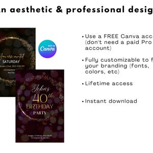 May include: An aesthetic and professional design featuring two invitation templates with gold accents. One says "You are invited" and the other says "John's 40th Birthday Party." The image also includes Canva branding and text about customization.