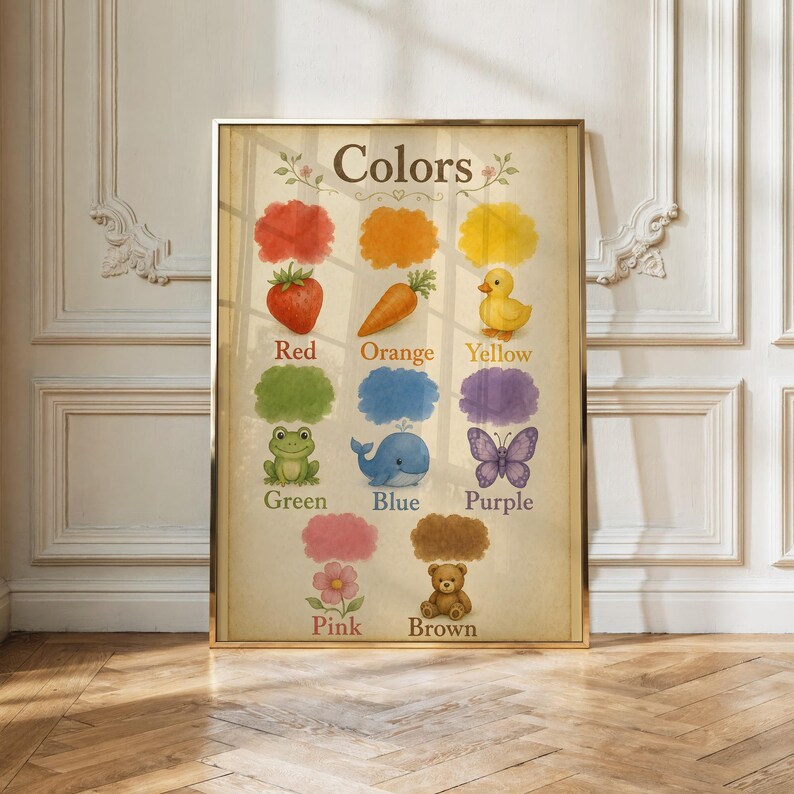 May include: A rectangular educational wall poster titled Colors, featuring illustrations of a red strawberry, orange carrot, yellow duck, green frog, blue whale, purple butterfly, pink flower, and brown teddy bear, each labelled with its colour name.