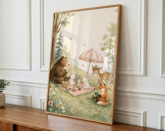 Woodland Nursery Art, Storybook Picnic Print, Kids Room Decor, Baby Shower Gift