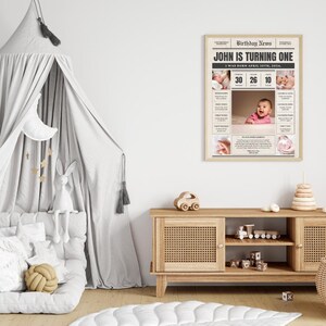 May include: A vintage-style newspaper announcement for a baby's first birthday. The headline reads "John is turning one." The announcement includes a photo of the baby, a calendar with the baby's birthdate, and a list of milestones.