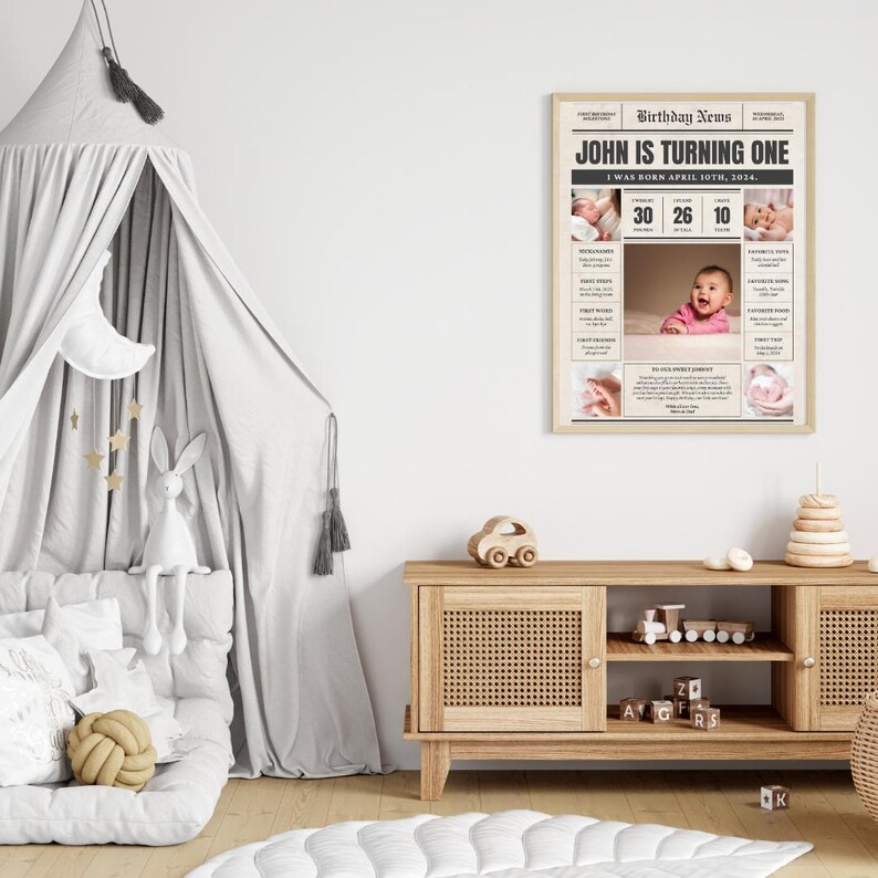 May include: A vintage-style newspaper announcement for a baby's first birthday. The headline reads "John is turning one." The announcement includes a photo of the baby, a calendar with the baby's birthdate, and a list of milestones.