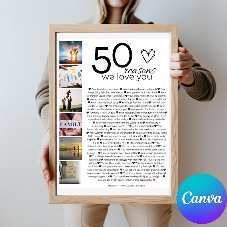 May include: A framed print with a white background and black text. The text reads "50 reasons we love you" and lists 50 reasons why someone is loved. The print includes several small photos of a family.