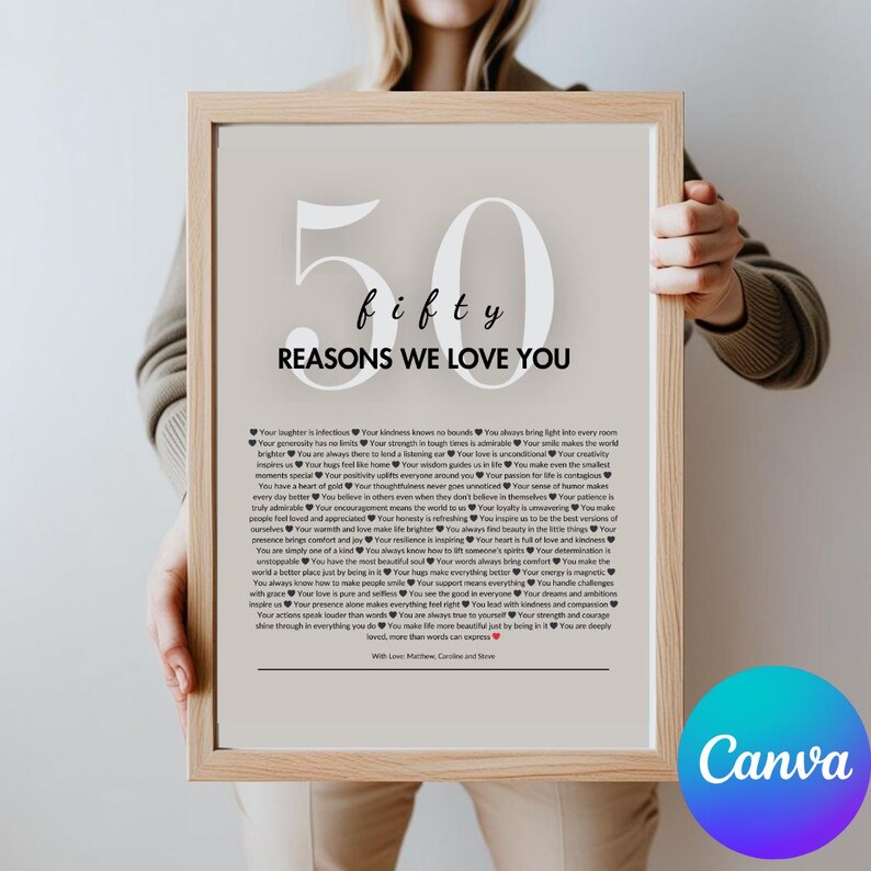 May include: A framed print with the text "50 Reasons We Love You" in a stylish font. The number "50" is prominently displayed above the words "fifty" and "Reasons We Love You". The print is held by a person.