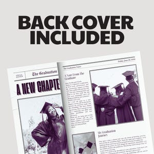 Może przedstawiać: Makieta gazety z okazji ukończenia studi&oacute;w z nagł&oacute;wkiem "Nowy rozdział" i notą od absolwenta. Gazeta jest w fioletowym odcieniu i zawiera zdjęcie absolwenta w czapce i szacie.