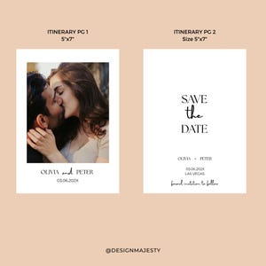 Op de afbeelding: Twee 12,7 cm x 17,8 cm trouwroutekaarten. E&eacute;n kaart toont een foto van een kussend stel, met de tekst "OLIVIA and PETER" en de datum. De tweede kaart zegt "SAVE the DATE" met de namen, datum en locatie van het stel.