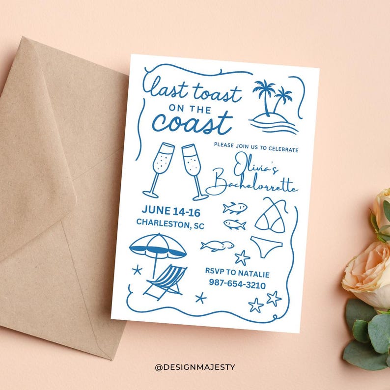 May include: A white invitation with blue illustrations and text for a bachelorette party. The design includes champagne glasses, a beach scene, and the text "Last toast on the coast". The invitation is accompanied by a brown envelope.