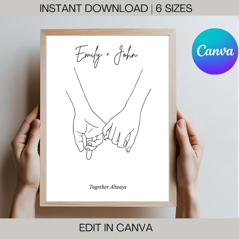 以下が含まれることがあります： 2つの手が絡み合った線画と、「Emily + John」と「Together Always」のテキストが描かれた、印刷可能なアートプリントです。