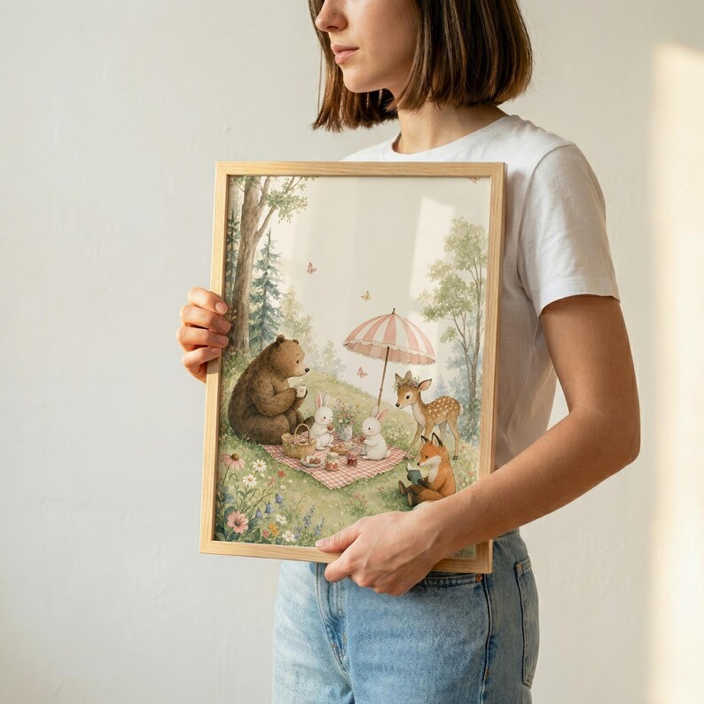 May include: A framed art print featuring a whimsical forest scene with a brown bear, two white rabbits, a fawn, and a fox having a picnic on a red and white checkered blanket under a pink and white striped umbrella amidst trees and flowers.