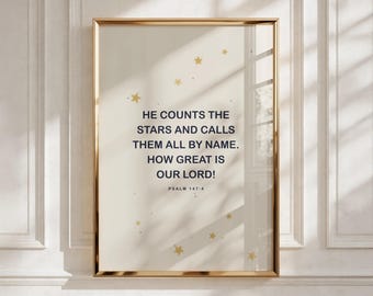 He Counts the Stars Print, Psalm 147 Typography, Christian Kids Art (Digital Download)