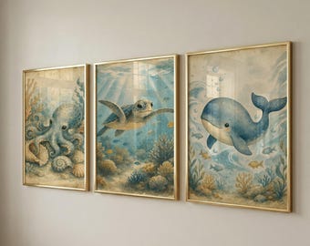 Set of 3 Ocean Nursery Prints, Underwater Animals, Kids Room Decor, Baby Shower Gift