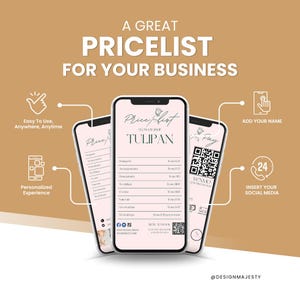Puede incluir: Una maqueta de tel&eacute;fono m&oacute;vil rosa y blanco con una lista de precios para una florister&iacute;a llamada "Tulipan". El tel&eacute;fono tiene un c&oacute;digo QR y un logotipo de Venmo. El texto "A Great Pricelist For Your Business" est&aacute; en la parte superior de la imagen.