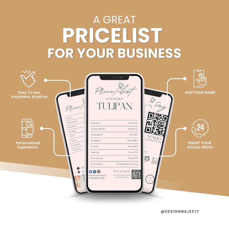Puede incluir: Una maqueta de tel&eacute;fono m&oacute;vil rosa y blanco con una lista de precios para una florister&iacute;a llamada "Tulipan". El tel&eacute;fono tiene un c&oacute;digo QR y un logotipo de Venmo. El texto "A Great Pricelist For Your Business" est&aacute; en la parte superior de la imagen.