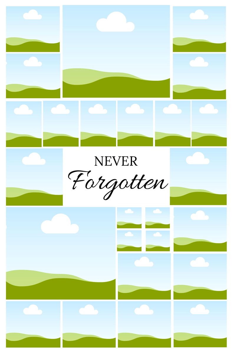 Pu&ograve; includere: Un collage digitale di cieli azzurri con nuvole bianche e colline verdi ondulate. Il testo "NEVER Forgotten" &egrave; al centro dell'immagine.