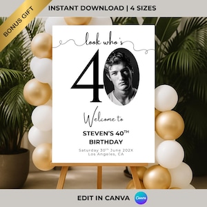 Puede incluir: Un cartel imprimible para una fiesta de cumplea&ntilde;os n&uacute;mero 40 con una foto en blanco y negro de una persona. El cartel dice "Mira qui&eacute;n tiene 40 a&ntilde;os" y "Bienvenido al 40 cumplea&ntilde;os de Steven". El cartel tambi&eacute;n incluye la fecha y la ubicaci&oacute;n de la fiesta.