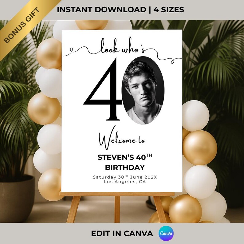 Puede incluir: Un cartel imprimible para una fiesta de cumplea&ntilde;os n&uacute;mero 40 con una foto en blanco y negro de una persona. El cartel dice "Mira qui&eacute;n tiene 40 a&ntilde;os" y "Bienvenido al 40 cumplea&ntilde;os de Steven". El cartel tambi&eacute;n incluye la fecha y la ubicaci&oacute;n de la fiesta.