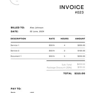 May include: Invoice for legal services from John Smith, Lawyer. Billed to Alex Johnson on June 2, 2024.  The invoice lists three services with hourly rates and totals.  The total amount due is $315.00.  Payment information is provided for UBS, account name John Smith, account number 0000 0000.