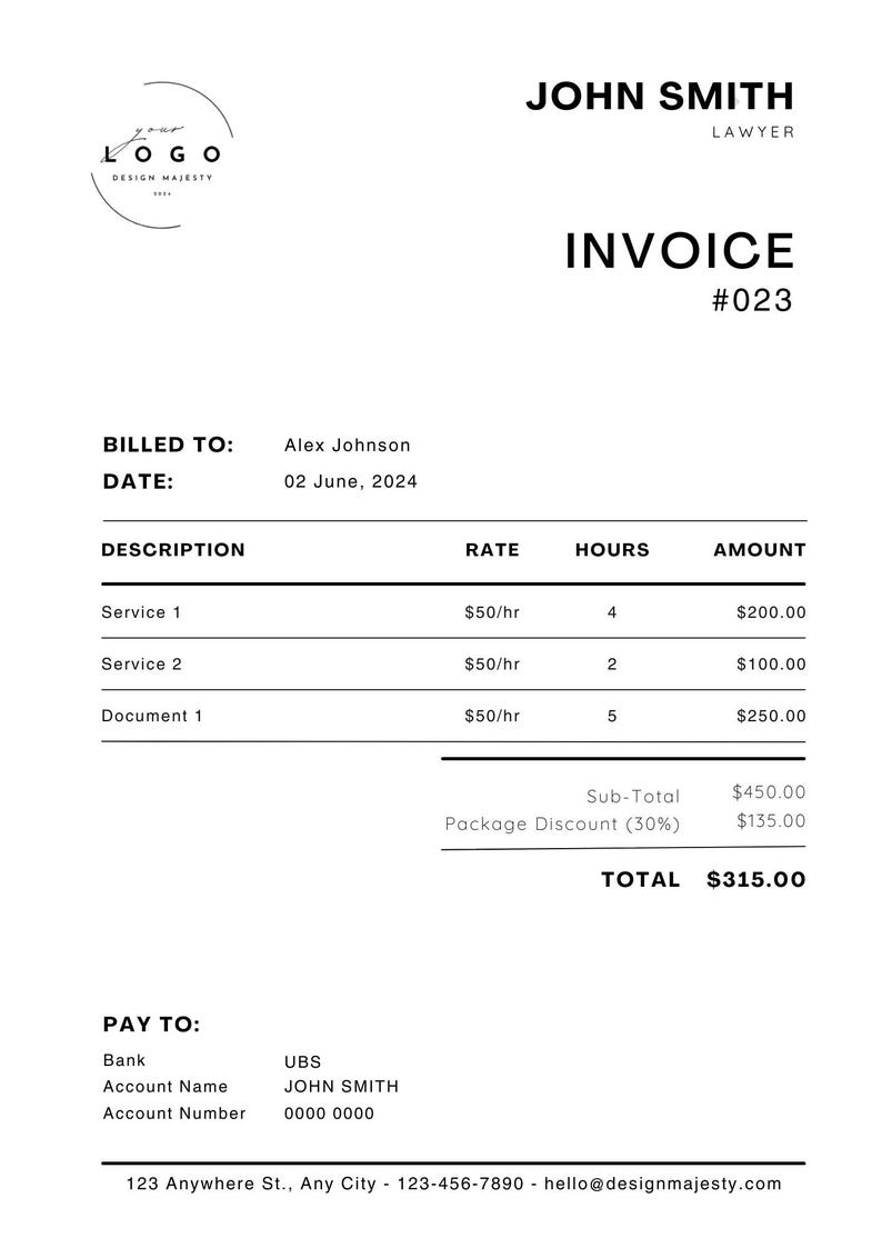 May include: Invoice for legal services from John Smith, Lawyer. Billed to Alex Johnson on June 2, 2024.  The invoice lists three services with hourly rates and totals.  The total amount due is $315.00.  Payment information is provided for UBS, account name John Smith, account number 0000 0000.