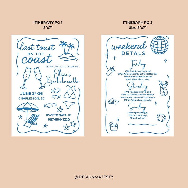 May include: Two blue and white itinerary cards for a bachelorette party. The first card has the text "Last toast on the coast" and "Olivia's Bachelorette". The second card lists weekend details, including check-in, dinner, and karaoke.