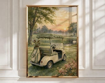 Vintage Golf Art — Sunrise Cart Print for Playroom Decor, Baby Shower Gift