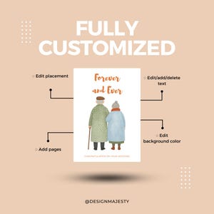 May include: A customizable wedding card with the text "Forever and Ever" and an illustration of an elderly couple. The card offers options to edit placement, add pages, and change the background color. The words "FULLY CUSTOMIZED" are at the top.