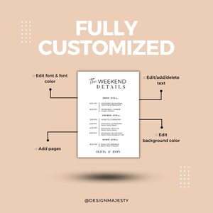 K&ouml;nnte beinhalten: Anpassbare Hochzeitswochenend-Detailkarte mit cremefarbenem Hintergrund. Die Karte zeigt den Text "The Weekend Details" und einen Zeitplan der Veranstaltungen. Optionen zum Bearbeiten der Schriftart, zum Hinzuf&uuml;gen von Seiten und zum &Auml;ndern der Hintergrundfarbe.