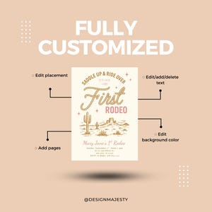 May include: A fully customizable invitation with a rodeo theme. The design features the words "First Rodeo" in a rope-style font, along with a desert landscape illustration. The text "Mary Jane's 1st Rodeo" is also included.