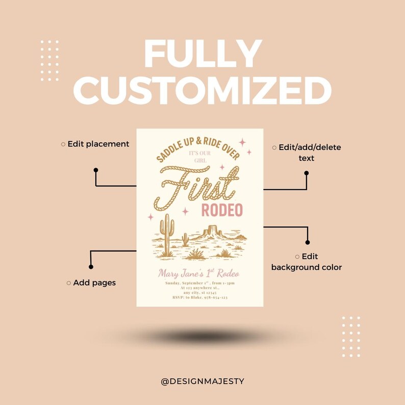 May include: A fully customizable invitation with a rodeo theme. The design features the words "First Rodeo" in a rope-style font, along with a desert landscape illustration. The text "Mary Jane's 1st Rodeo" is also included.