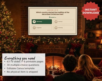 Gra quizowa o tematyce świątecznej, zabawny quiz retro na imprezę świąteczną dla dorosłych i rodziny, edytowalne slajdy Canva TV i arkusze odpowiedzi do druku