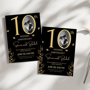 May include: Two black wedding anniversary invitations with gold text and accents. The invitations read "10th Wedding Anniversary" and include a photo of a couple. The names "Steven and Rachel" are also featured.