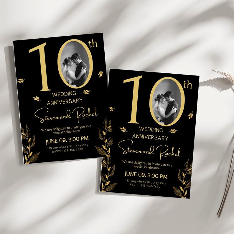 May include: Two black wedding anniversary invitations with gold text and accents. The invitations read "10th Wedding Anniversary" and include a photo of a couple. The names "Steven and Rachel" are also featured.