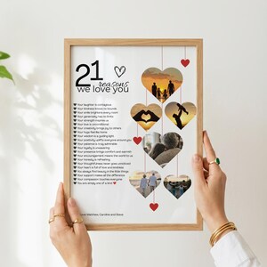 Cadeau pour son 21e anniversaire : 21 raisons pour lesquelles nous t’aimons (cœurs photo), modèle Canva modifiable, téléchargement numérique image 3