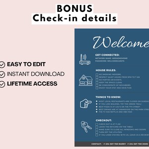 May include: A blue welcome sign with white text and icons. The sign includes information about the house rules, things to know, and checkout procedures. The text includes the network name "WEEKENDHOME" and the password "WELCOMEGUESTS".