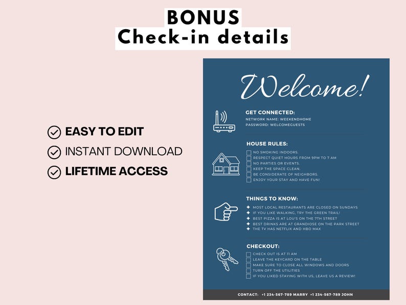 May include: A blue welcome sign with white text and icons. The sign includes information about the house rules, things to know, and checkout procedures. The text includes the network name "WEEKENDHOME" and the password "WELCOMEGUESTS".