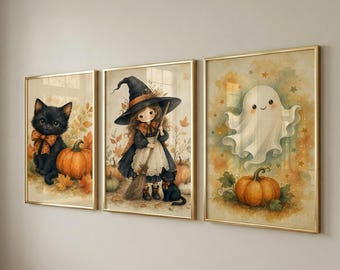 Set of 3 Halloween Wall Art Prints, Cute Kids Room Decor, Digital Download