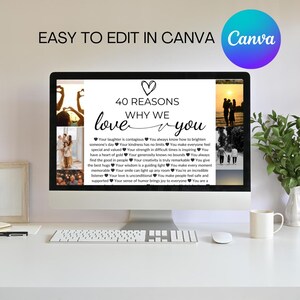 Puede incluir: Una pantalla de ordenador que muestra un p&oacute;ster imprimible con 40 razones por las que alguien es amado. El p&oacute;ster est&aacute; decorado con fotos y corazones. El texto del p&oacute;ster dice "40 razones por las que te amamos".