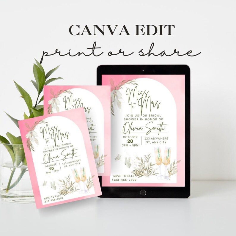 Pu&ograve; includere: Un invito a una festa di addio al nubilato rosa e bianco con un design floreale dorato e il testo "Miss to Mrs. Join us for bridal shower in honor of Olivia Smith. October 20, 3PM-5PM, 123 Anywhere St, Any City. RSVP to Elle +123-456-7890"