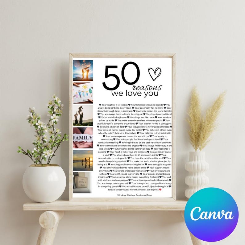 May include: A black and white printable poster with a collage of photos and a list of 50 reasons to love someone. The text reads "50 reasons we love you".