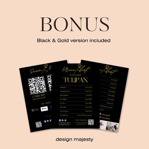 Puede incluir: Lista de precios en negro y dorado para una florister&iacute;a llamada "Tulipan". La lista de precios incluye ramos, arreglos y otras opciones florales. La lista de precios tambi&eacute;n incluye un c&oacute;digo QR que los clientes pueden escanear para pagar con Cash App, Google Pay o Apple Pay.