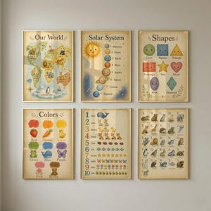 May include: A set of six educational wall posters featuring illustrations of the world map, solar system, shapes, colors, numbers one through ten, and an alphabet chart with animals, all presented in a soft, vintage-inspired color palette.