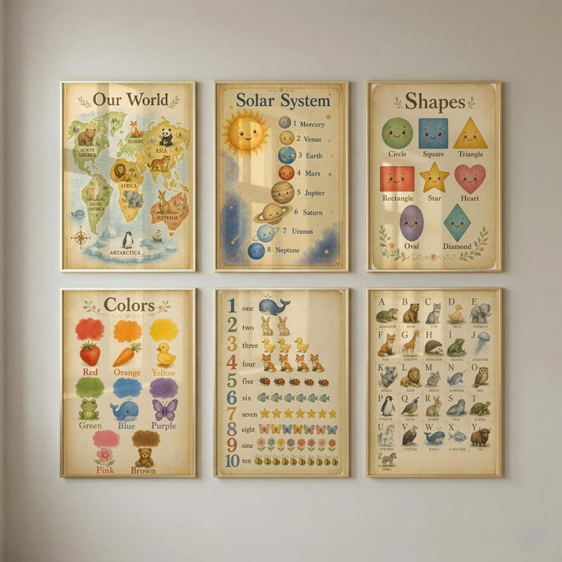 May include: A set of six educational wall posters featuring illustrations of the world map, solar system, shapes, colors, numbers one through ten, and an alphabet chart with animals, all presented in a soft, vintage-inspired color palette.