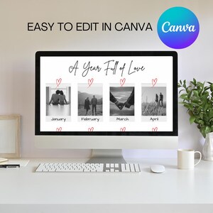 Pode incluir: Um ecr&atilde; de computador a mostrar um calend&aacute;rio digital com o t&iacute;tulo "Um Ano Cheio de Amor". Cada m&ecirc;s &eacute; representado por uma fotografia a preto e branco de um casal. As fotografias est&atilde;o num quadro estilo Polaroid com um cora&ccedil;&atilde;o vermelho desenhado em cada uma.