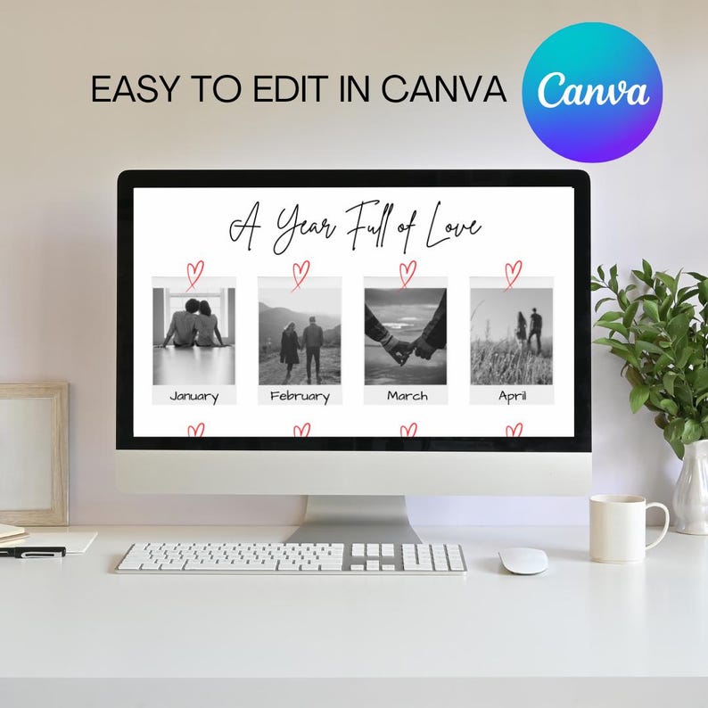 Pode incluir: Um ecr&atilde; de computador a mostrar um calend&aacute;rio digital com o t&iacute;tulo "Um Ano Cheio de Amor". Cada m&ecirc;s &eacute; representado por uma fotografia a preto e branco de um casal. As fotografias est&atilde;o num quadro estilo Polaroid com um cora&ccedil;&atilde;o vermelho desenhado em cada uma.