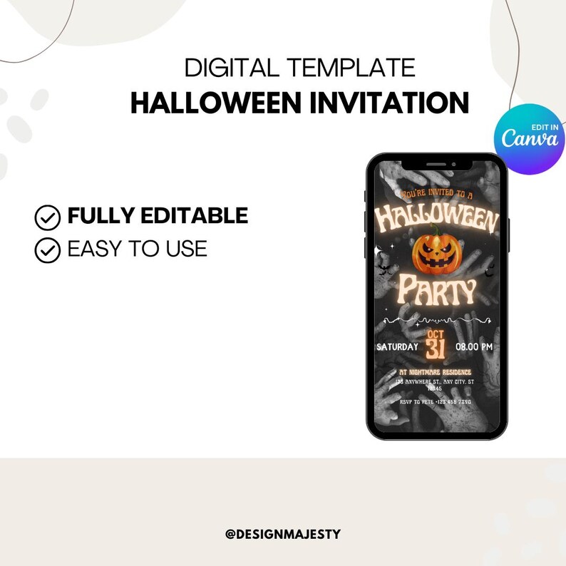 May include: A digital Halloween invitation template on a smartphone screen. The invitation features a glowing pumpkin, the words "Halloween Party," and event details. The design is fully editable and easy to use.
