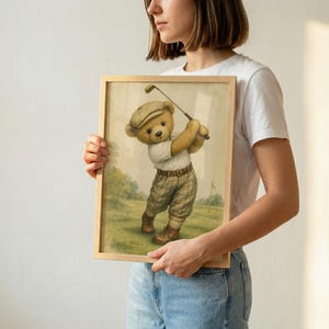 Lámina infantil Vintage Golf Bear, decoración única para habitación de niño, regalo para baby shower, descarga digital. imagen 2