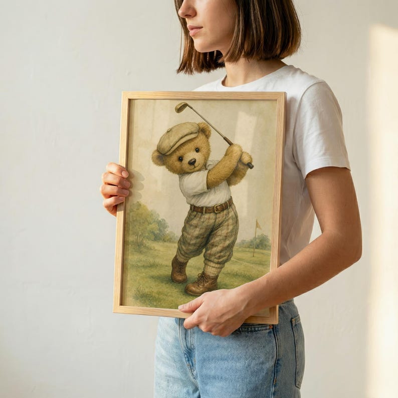 Lámina infantil Vintage Golf Bear, decoración única para habitación de niño, regalo para baby shower, descarga digital. imagen 2