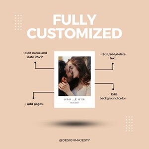 Op de afbeelding: Een volledig aangepaste ontwerpsjabloon met een foto van een kussend stel. Tekst bevat "FULLY CUSTOMIZED", "Bewerk naam en datum RSVP", "Tekst bewerken/toevoegen/verwijderen", "Achtergrondkleur bewerken" en "Pagina's toevoegen".