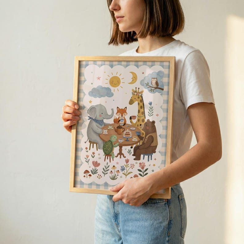May include: A rectangular framed print featuring a whimsical illustration of an elephant, fox, giraffe, bear, and turtle sitting around a circular table for a tea party. The scene includes a sun, moon, clouds, and floral motifs on a blue checkered border.