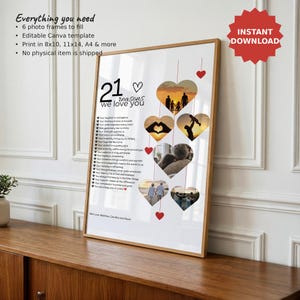 Cadeau pour son 21e anniversaire : 21 raisons pour lesquelles nous t’aimons (cœurs photo), modèle Canva modifiable, téléchargement numérique image 1