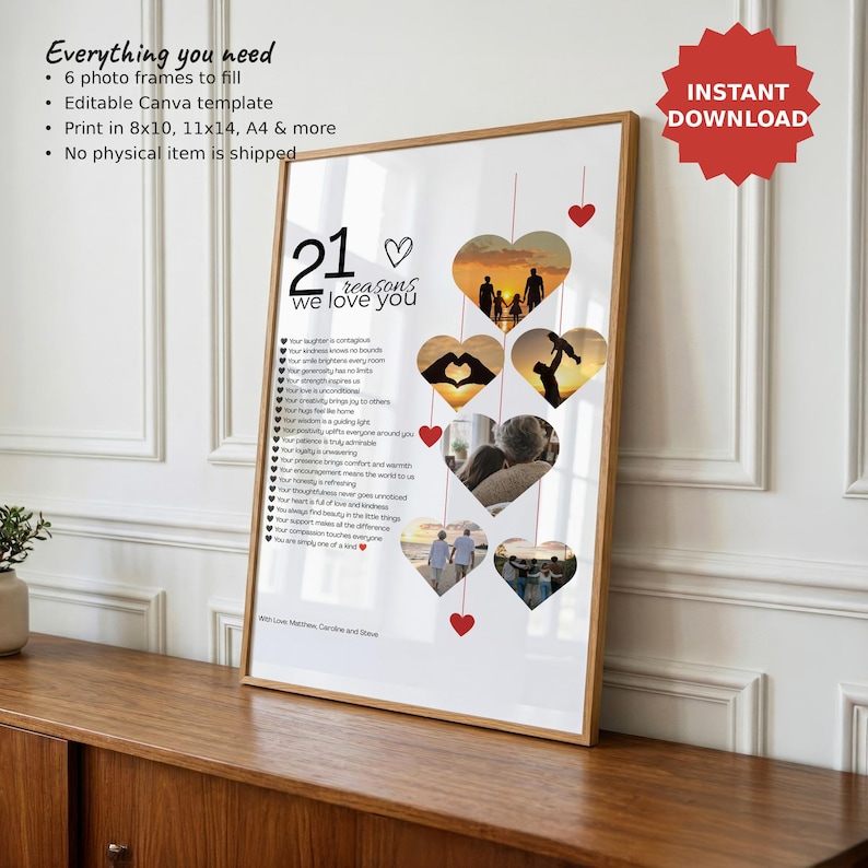 Cadeau pour son 21e anniversaire : 21 raisons pour lesquelles nous t’aimons (cœurs photo), modèle Canva modifiable, téléchargement numérique image 1